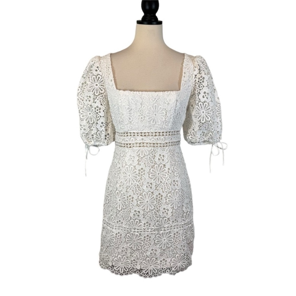 ASOS White Lace Mini Tea Dress, Puff Sleeve Tie Detail, Scallop Hem, Size 6